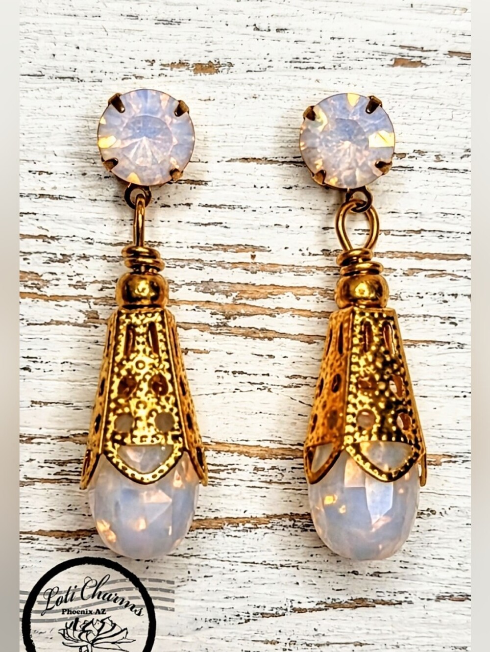 Rose Pink Opal In Victorian Filligree Gold Plated Drop Earrings